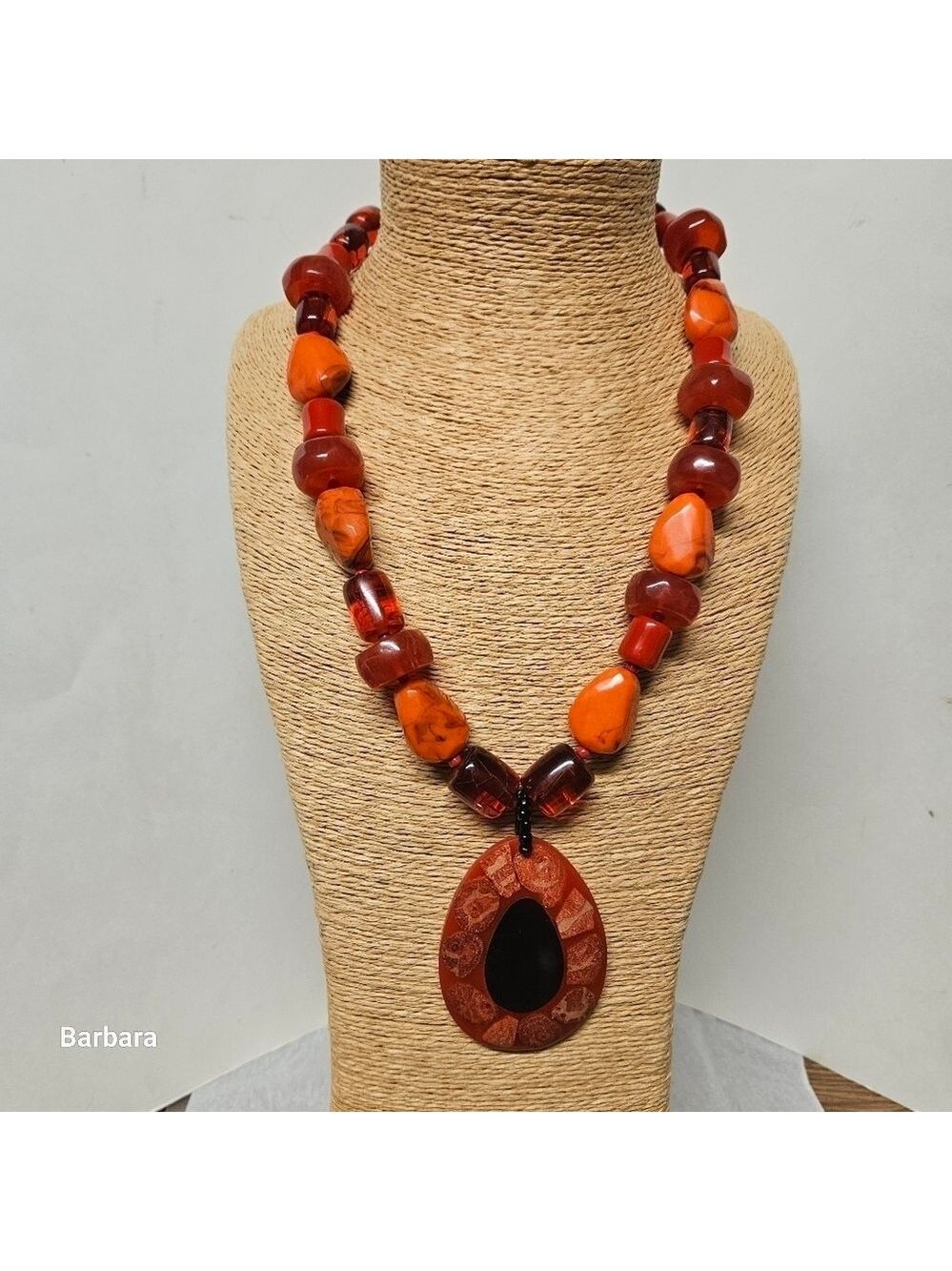 Vintage Orange Acrylic Beads with Orange & Black Pendant Necklace
